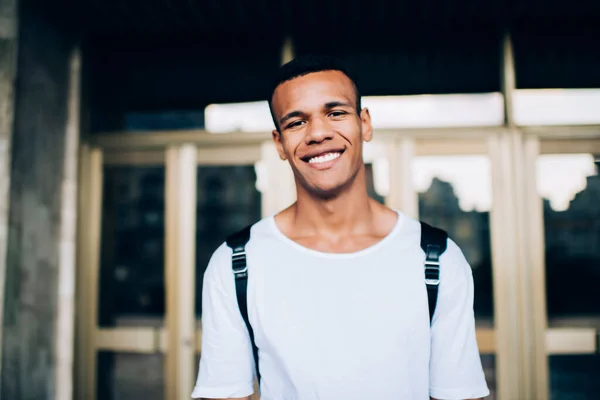 Glad African American Man Casual Clothes Toothy Smile Looking Camera — Zdjęcie stockowe