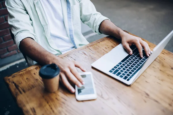 High Angle Crop Anonymous Male Freelancer Sitting Table Working Laptop — Fotografie, imagine de stoc