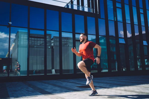 Full Body Determined Man Sneakers Doing Exercises Pavement Glass Office — Foto de Stock