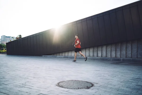 Side View Full Body Young Sportsman Red Tee Shirt Running — Foto de Stock