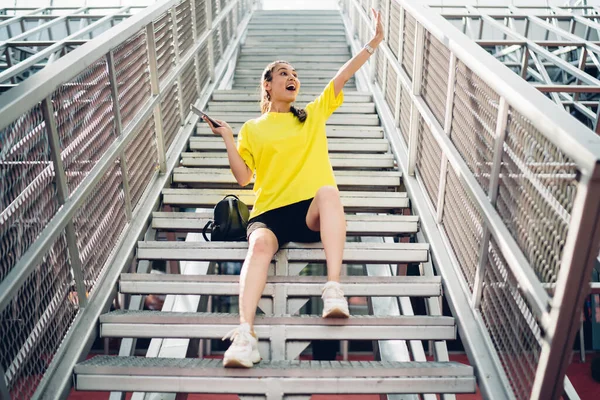 Emotional Asian Hipster Girl Casual Wear Sitting Urban Setting Stairs — Stock fotografie