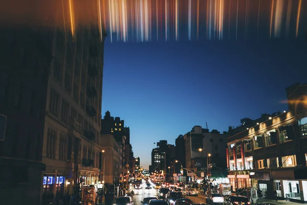 Busy City Street Colorful Glowing Lights Shining Lanterns Contemporary Automobiles — Zdjęcie stockowe