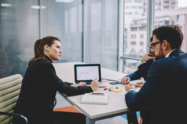 Adult Male Female Colleagues Formal Clothes Sitting White Table Discussing — Stock Fotó