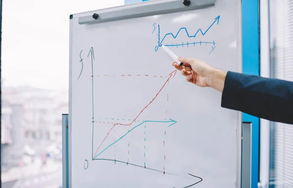 Crop anonymous employee in formal clothes standing with marker pen in hand and pointing on charts on whiteboard while working on project in office