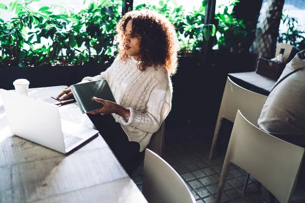 Skilled African American Curly Journalist Working Remotely Cafe Terrace Making — kuvapankkivalokuva