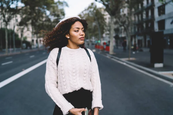 Calm African American Female Casual Clothes Beret Backpack Walking Street — Fotografia de Stock