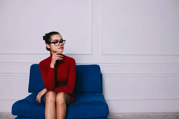 Young Charming Female Casual Red Dress Eyeglasses Looking Away While — ストック写真