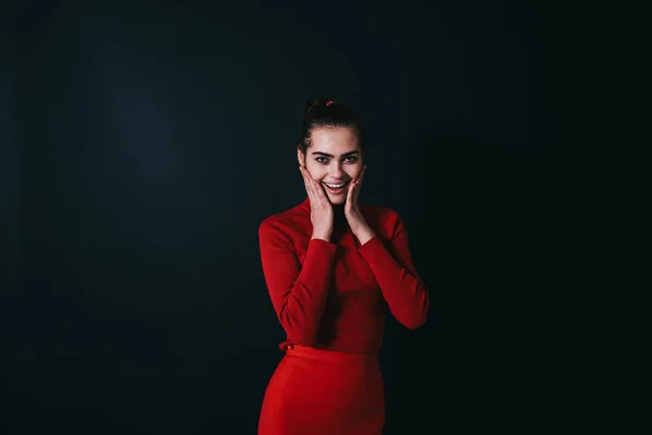 Happy Female Model Red Outfit Opened Mouth Looking Camera Standing — стоковое фото