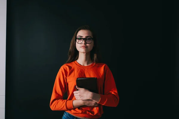 Confident Dark Haired Lady Casual Outfit Spectacles Hugging Book While — стоковое фото