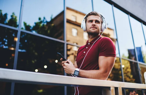 Smiling Young Man Casual Outfit Headphones Enjoying Listening Music Using — Stockfoto