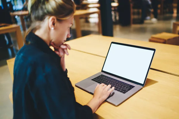 Female Freelancer Checking Program Text Blank Laptop Computer Copy Space — Fotografia de Stock