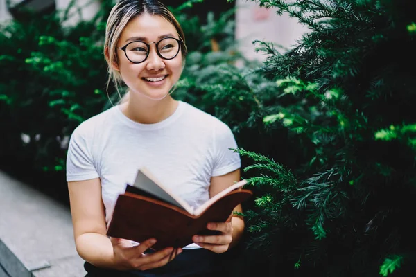 Cheerful Hipster Girl Optical Eyewear Vision Protection Holding Education Textbook — Stockfoto