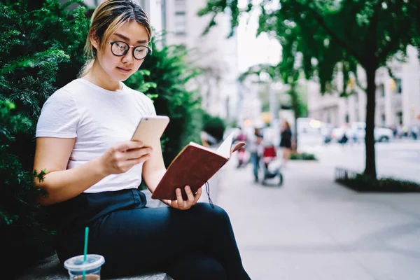 Millennial Hipster Girl Trendy Glasses Checking Content Text Sharing Publication — Stockfoto