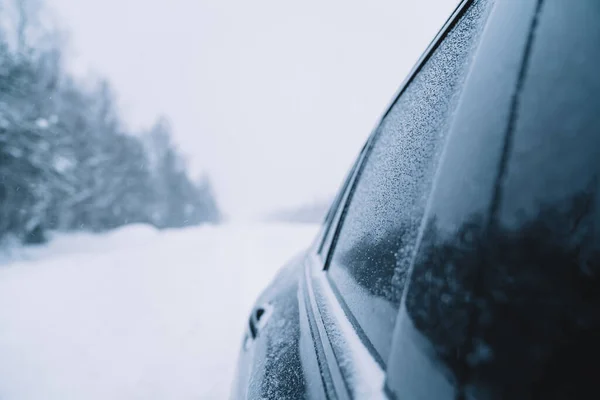 Surface Window Glass Door Black Colored Car Blurred Background Snowy — стоковое фото