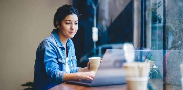 Contemplative Copywriter Coffee Sitting Coworking Desktop Thinking Content Idea While — Fotografia de Stock