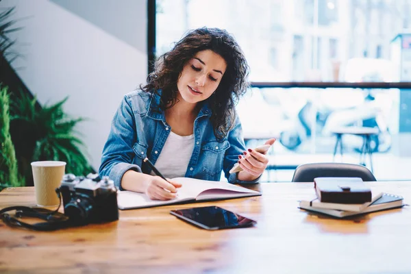 Intelligent Female Student Writing Informative Text Education Textbook Sitting Cafeteria — Foto Stock