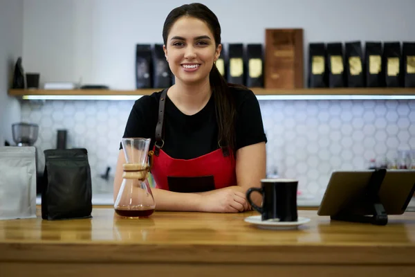 明るいですCaucasian女性Baristaで職場での楽しい仕事 笑顔ブルネット女の子ウェイトレスでエプロン見ますカメラスタンド近くフィルターとマグカップとともにコーヒー — ストック写真