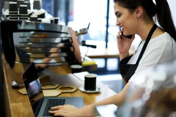 Positive Female Owner Small Business Cafe Using Devices Organizing Job — Foto de Stock