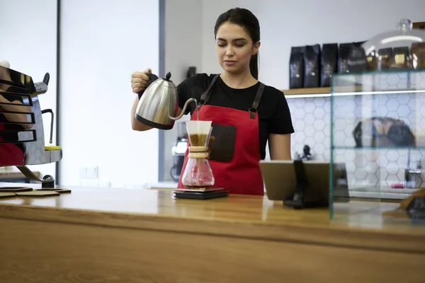 Professional Woman Barista Apron Enjoying Making Hot Coffee Order Standing — ストック写真