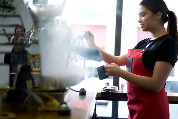 Skilled Brunette Woman Employee Uniform Concentrated Brewing Coffee Using Italic — Zdjęcie stockowe