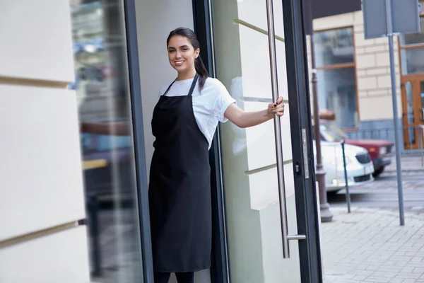 Half Length Portrait Brunette Caucasian Waitress Open Door Coffee Shop — Stock Photo, Image