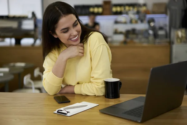 Cheerful Brunette Woman Casual Wear Watching Video Laptop Computer Spending — Zdjęcie stockowe