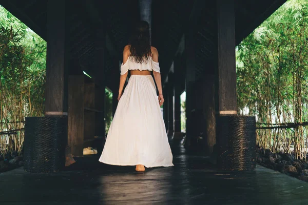 Back View Full Length Slim Faceless Woman Elegant Dress Walking — Photo
