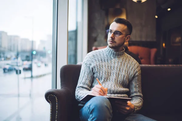 Pensive Bearded Male Casual Clothes Eyeglasses Sitting Comfortable Armchair Looking — Foto Stock