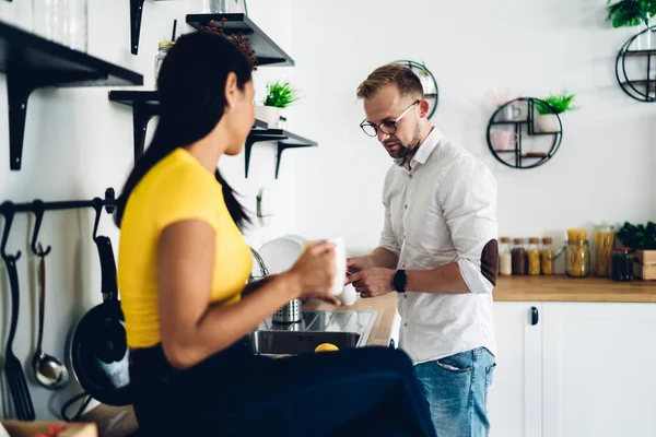 Side View Positive Multiethnic Couple Casual Wear Preparing Breakfast Modern — ストック写真