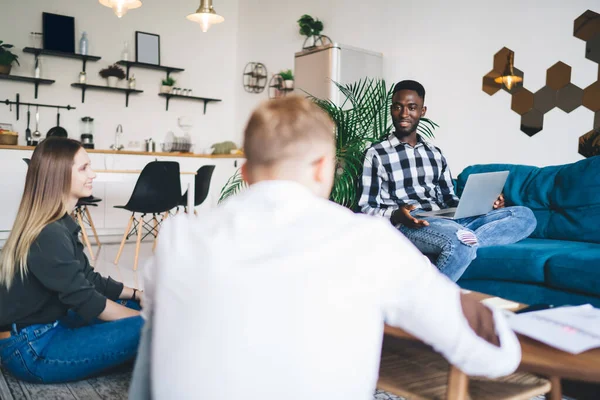 Group Diverse Friends Casual Clothes Gathering Home Sharing News While — Foto Stock