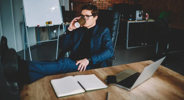 Contemplative Male Entrepreneur Thinking Business Strategy Coffee Break Office Interior — Stock fotografie