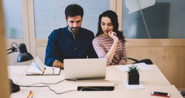 Concentrated male manager with beard using netbook and working on project with concentrated female colleague with pen in hand in workplace