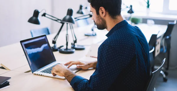 Back View Focused Young Manager Casual Wear Working Program Laptop — Stockfoto