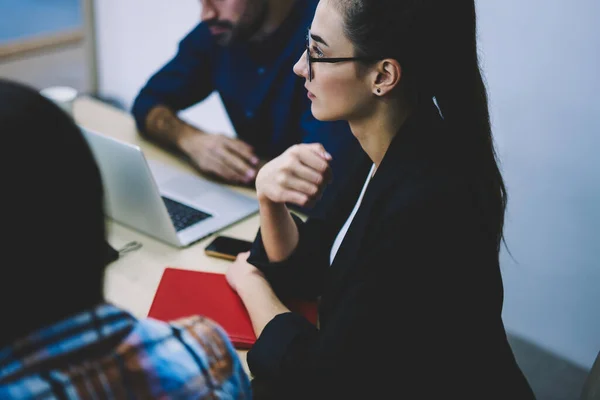 Side View Crop Focused Female Office Worker Glasses Formal Clothes — Zdjęcie stockowe