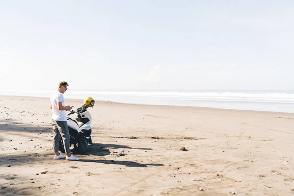 Back View Full Body Young Male Tourist Remote Control Drone — Stock Photo, Image