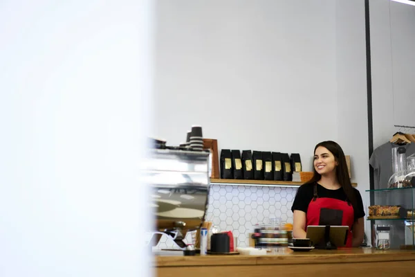 Alegre Morena Feminino Barista Bar Café Espaço Trabalho Desfrutando Sobremesas — Fotografia de Stock