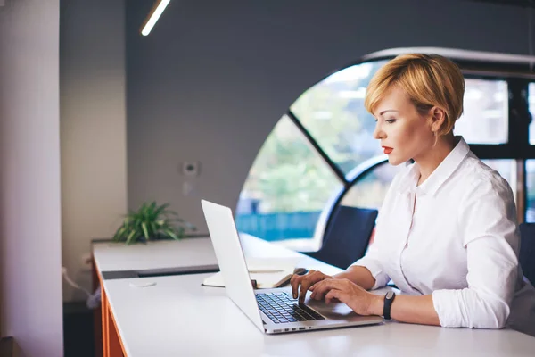 현대식 직장에서 탁자에 일하거나 일하는 노트북을 사용하는 일반적 옷차림의 사무직 — 스톡 사진
