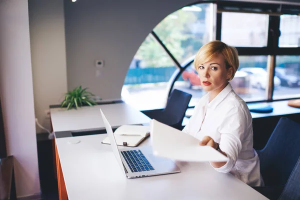 Serious Female Office Worker White Shirt Looking Camera While Sitting — 스톡 사진