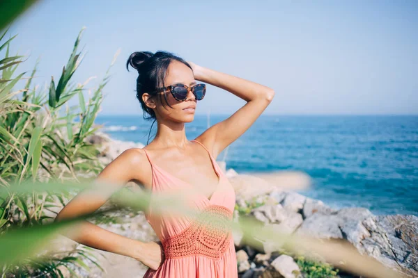 Carefree Latin Traveller Trendy Sunglasses Looking Coastline Thinking Sunbathing Philippines — Stock Photo, Image