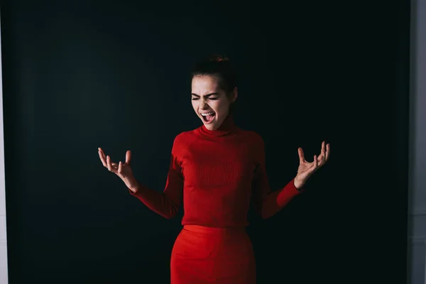 Exhausted Slim Woman Red Sweater Skirt Standing Hands Sides Dark — Fotografia de Stock