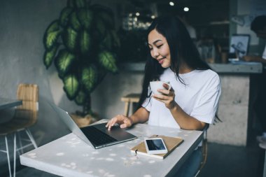 Modern kafede uzaktan çalışma sırasında elinde sıcak içecekle masada oturmaktan zevk alan Asyalı kadın sörf sitesi.