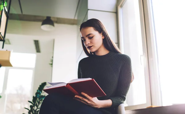 Dessous Étudiante Expressive Tenue Décontractée Assise Près Fenêtre Lisant Livre — Photo