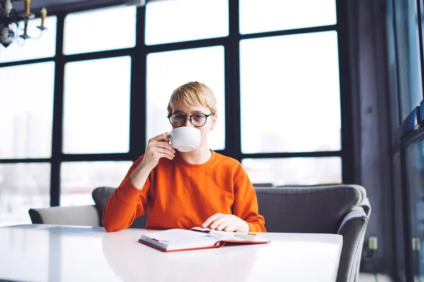 Young blond female in orange jumper and eyeglasses having hot beverage sitting at table with notebook and looking at camera in modern cafe