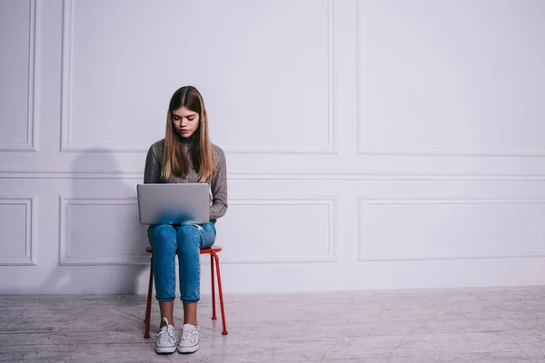 Calm Female Freelancer Casual Clothes Sitting Chair Light Room Looking — Fotografia de Stock