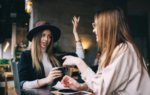 Trendy modern female friends speaking and gesticulating while sharing with exciting news and having cups of coffee on meeting in modern cafeteria