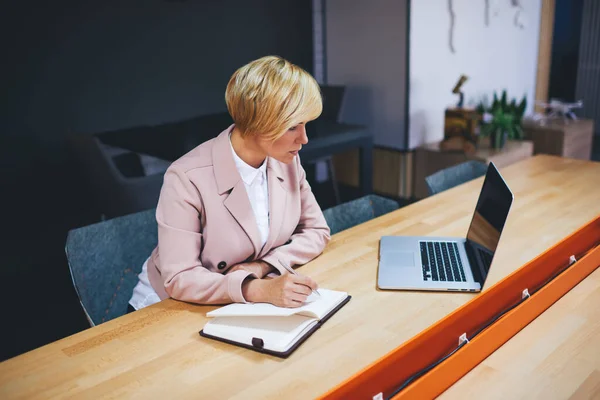 High Angle Focused Female Company Employee Checking Data Laptop Taking — Stock fotografie