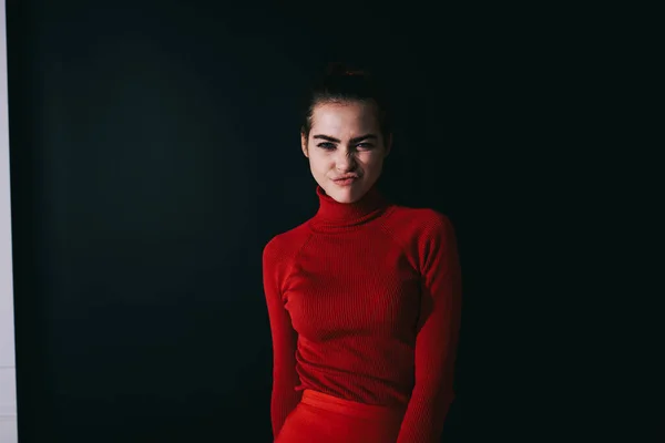 Young Happy Female Model Red Jumper Skirt Looking Camera While — Fotografia de Stock