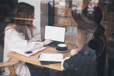 Bilgisayarla uzaktan çalışan ve çağdaş restoranda birlikte araştırma yaparken aynı masada oturan modaya uygun giyinmiş kadınların yan görüntüsü.