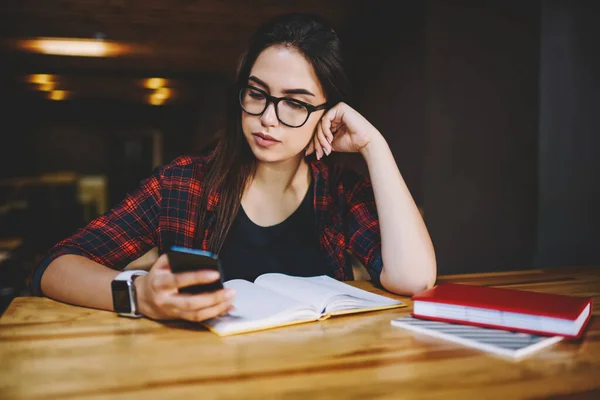 Tranquil Student Glasses Casual Clothes Smartphone Looking Screen Working While — Stockfoto