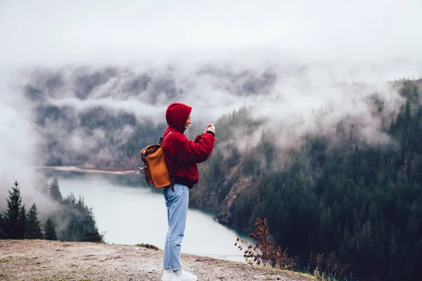 Side View Anonymous Person Looking Green Forest Located Calm Water — Stockfoto